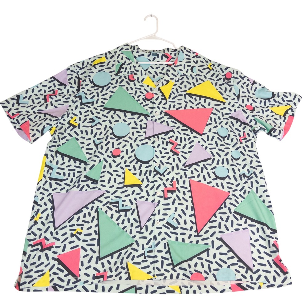 Mens 3XL Retro 80s 90s Memphis Geometric Print Short Sleeve Button Down Shirt